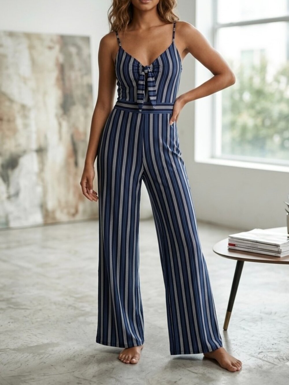 Caution To The Wind Blue Striped Jumpsuit Wide Leg Bow  Medium Boho Coastal Y2K